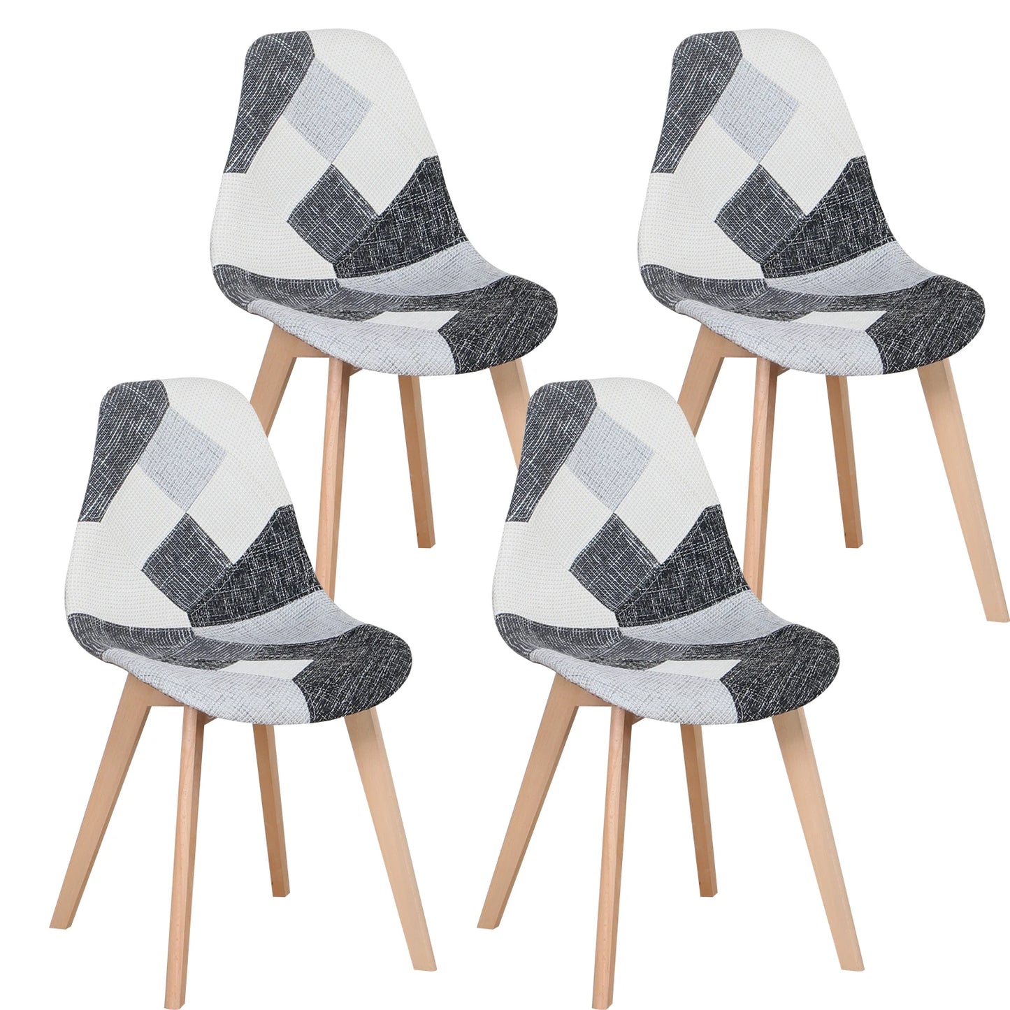 A Set of 4 Patchwork Fabric Dining Chairs with Wooden Legs Retro Style Side Lounge Chair Multicolor for Dining Room Kitchen Home