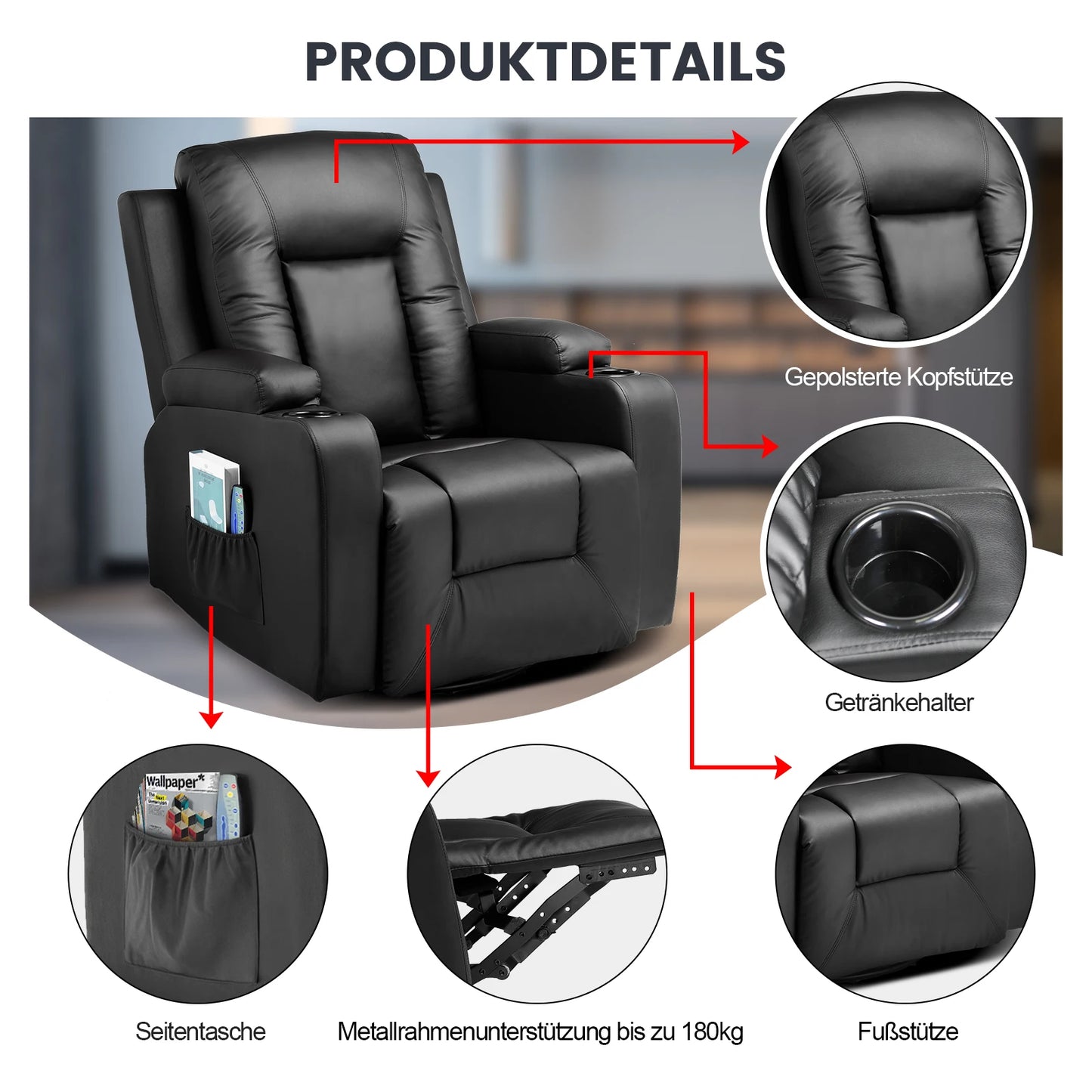 Relax armchair TV armchair with reclining and footrest, Thick backrest