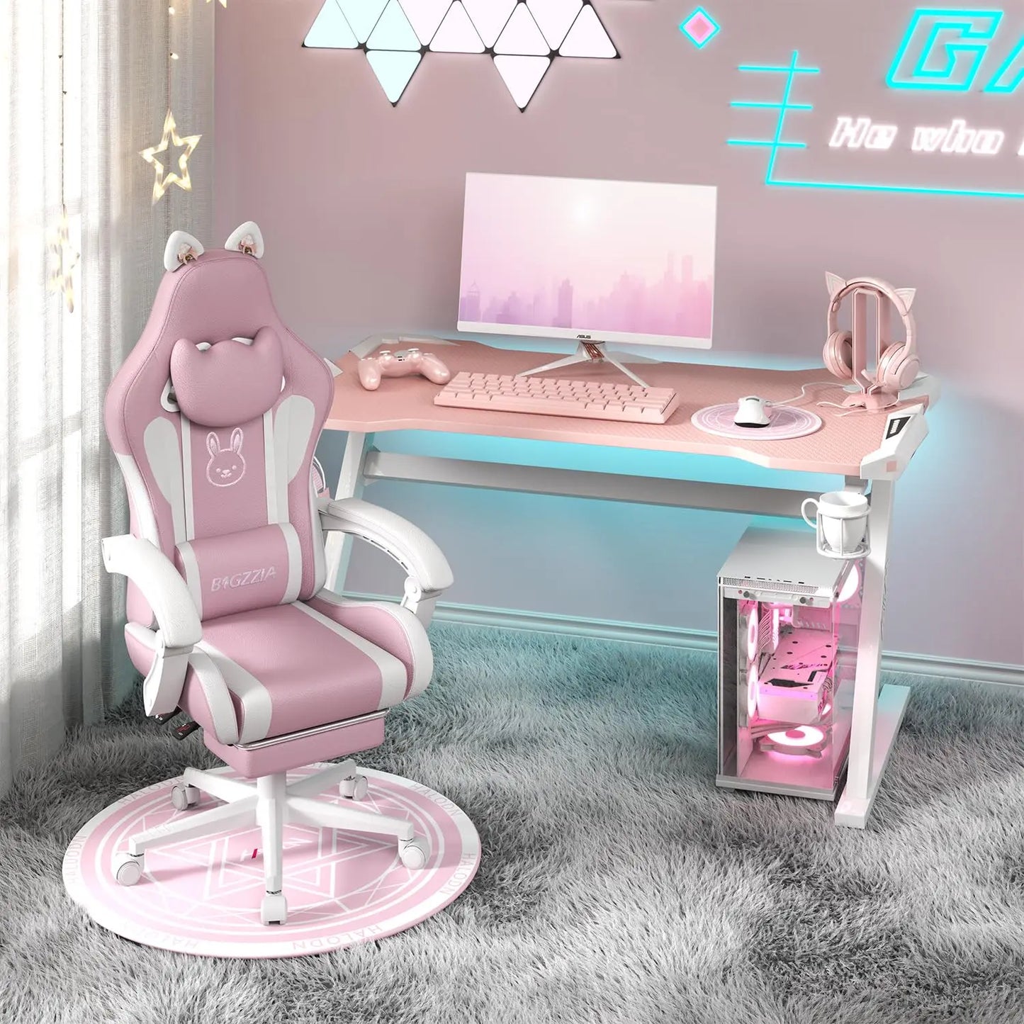 Gaming Chair Massage Function and Footrest-Ergonomic Cat Ears