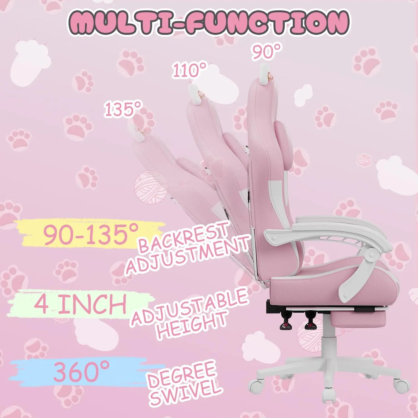 Gaming Chair Massage Function and Footrest-Ergonomic Cat Ears