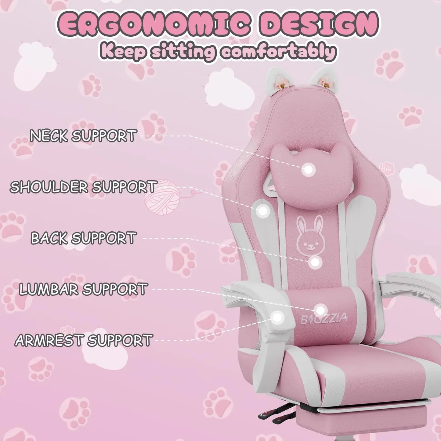 Gaming Chair Massage Function and Footrest-Ergonomic Cat Ears