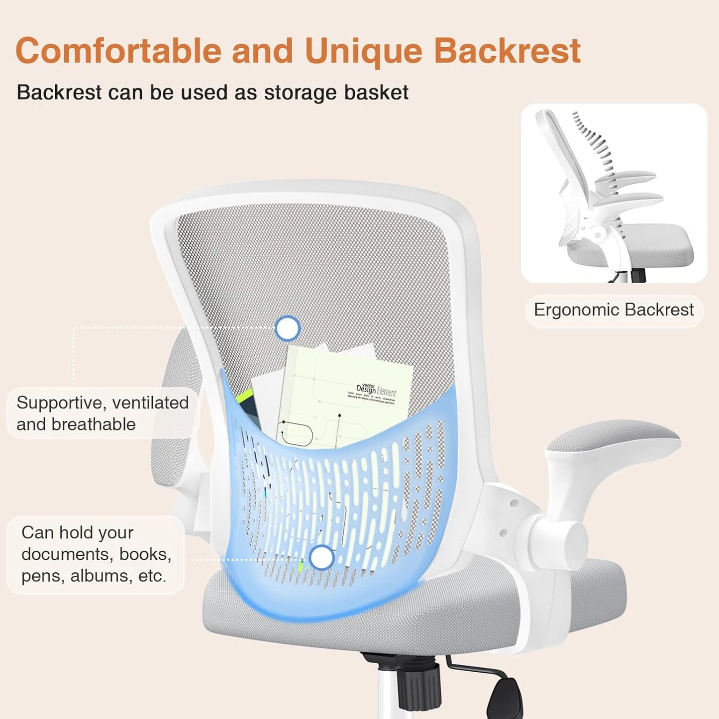 Ergonomic Office Chair Desk Chair with 90 ° Folding Armrests