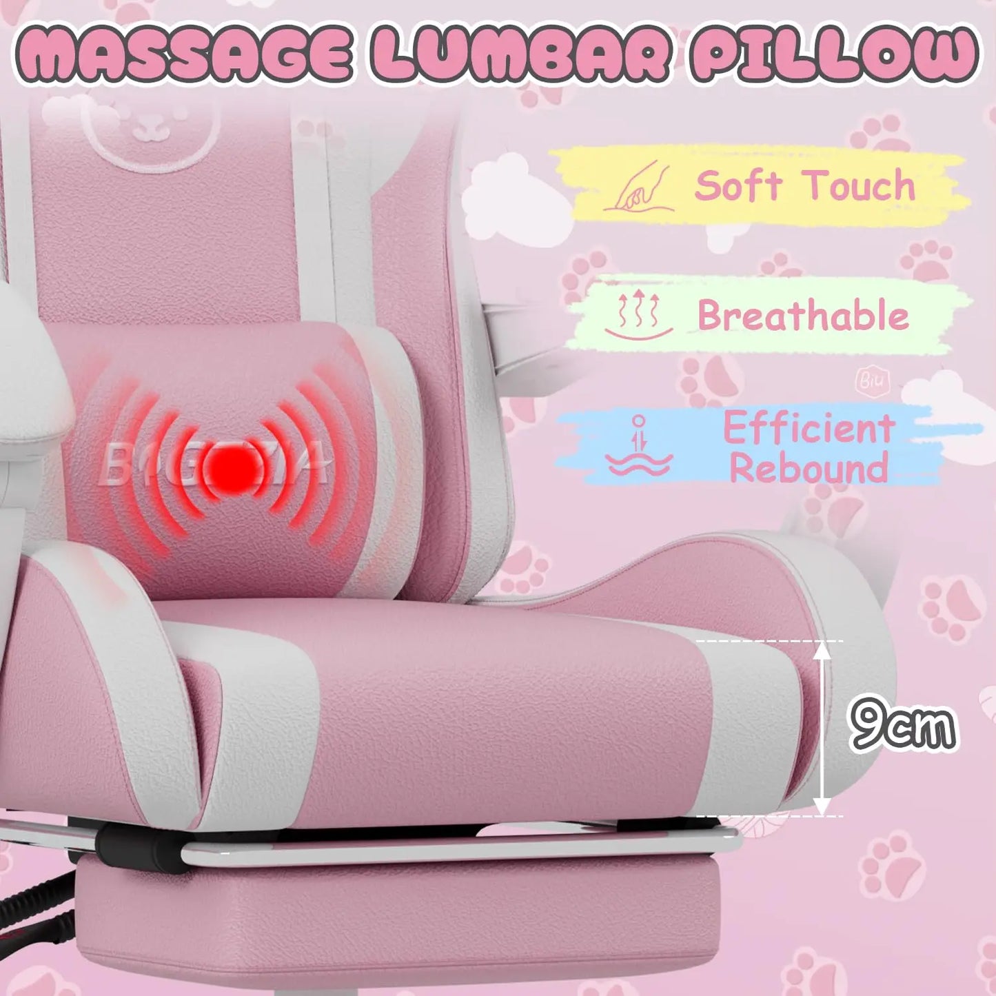 Gaming Chair Massage Function and Footrest-Ergonomic Cat Ears