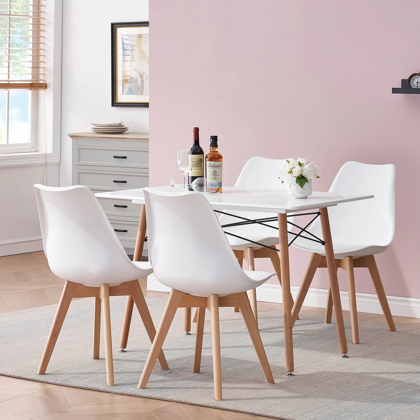A Set of 6 Modern Minimalist Dining Chair PU Padded Seat Beech Wood Legs