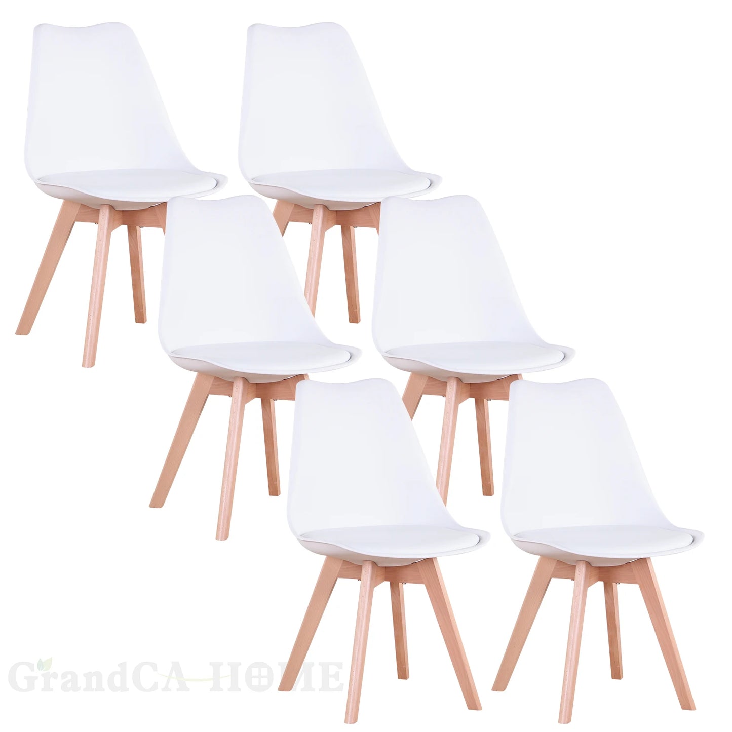 A Set of 6 Modern Minimalist Dining Chair PU Padded Seat Beech Wood Legs