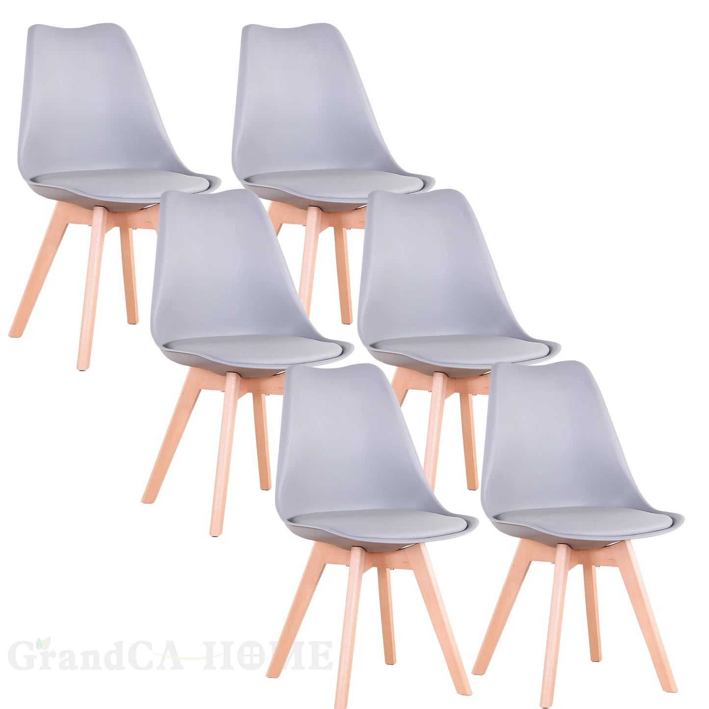 A Set of 6 Modern Minimalist Dining Chair PU Padded Seat Beech Wood Legs