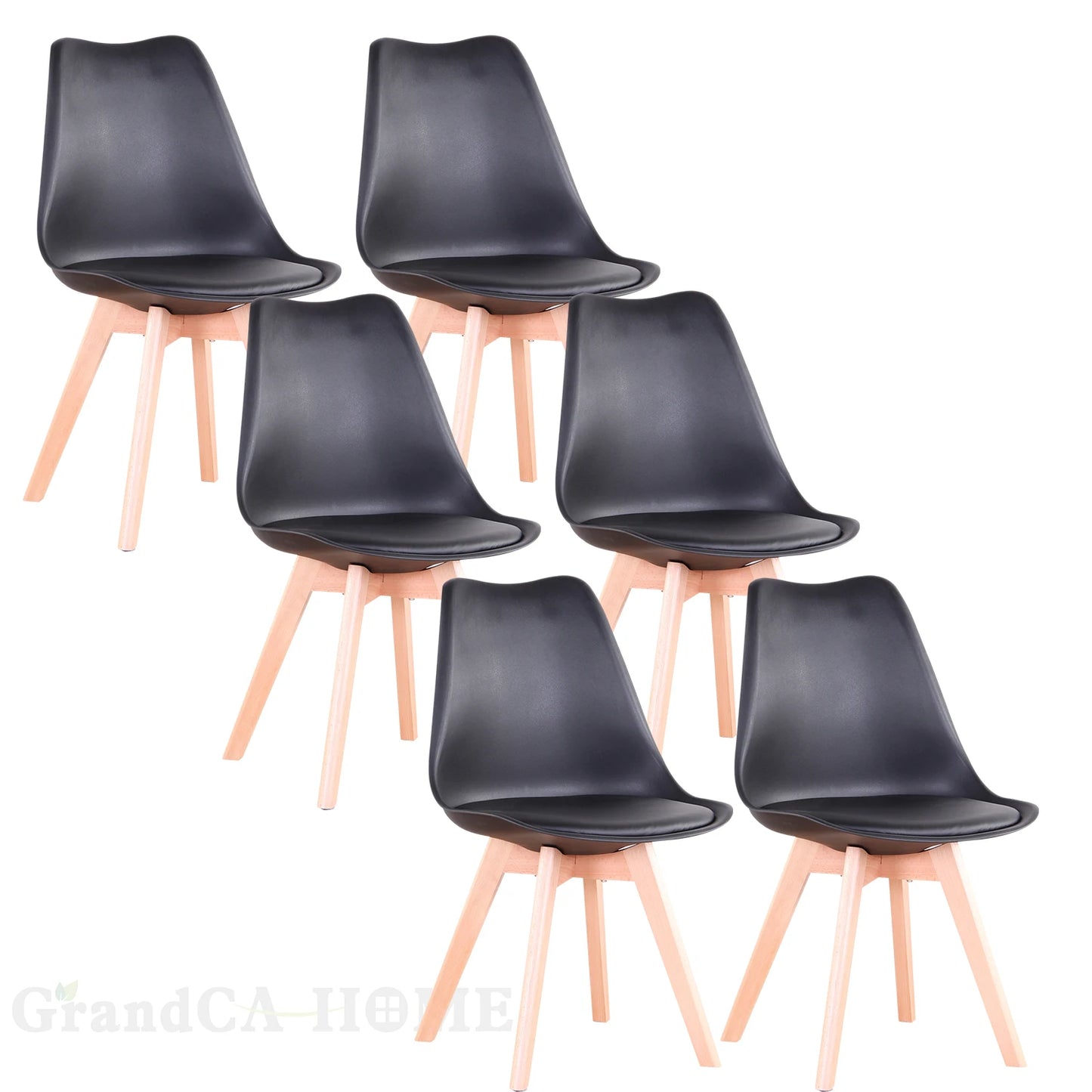 A Set of 6 Modern Minimalist Dining Chair PU Padded Seat Beech Wood Legs