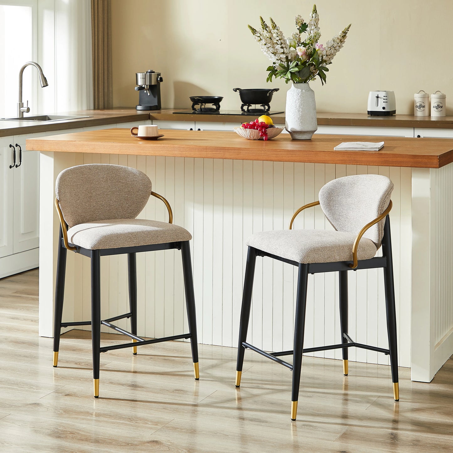 2 Set Adjustable Height Bar Stool, Black-Gold Chenille