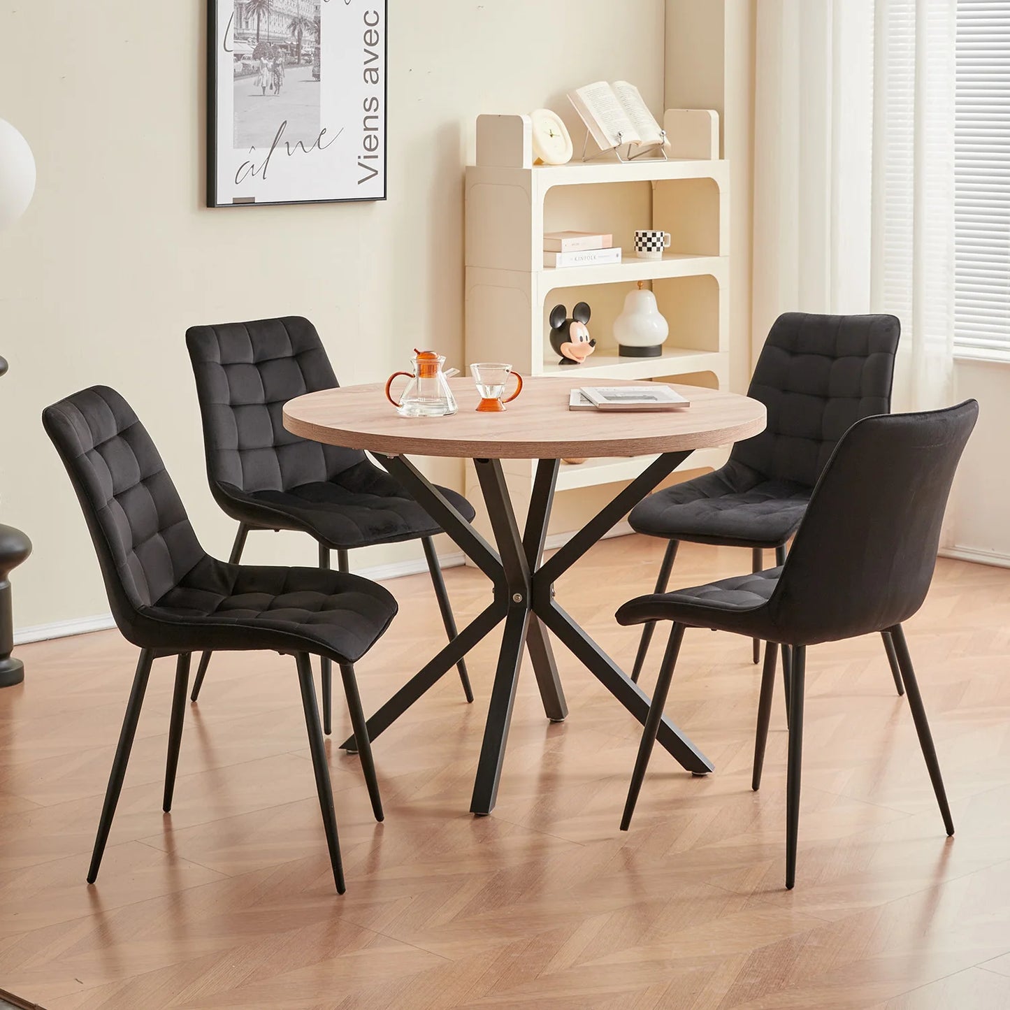 A Set Of 4 Modern Minimalist Dining Chair Velvet Padded Seat Iron Legs