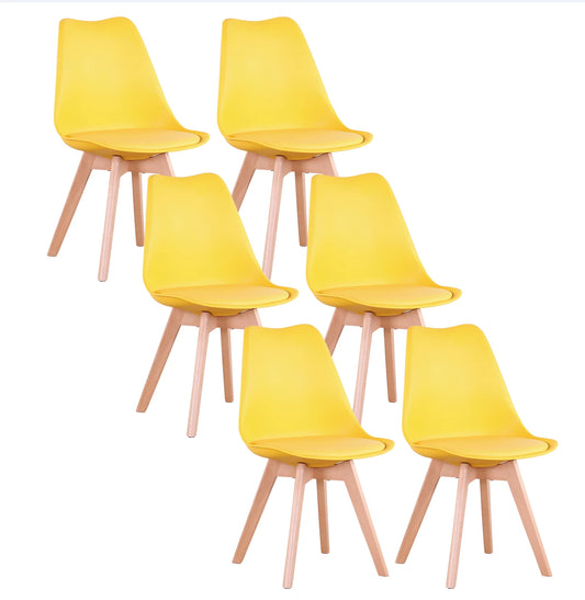 A Set of 6 Modern Minimalist Dining Chair PU Padded Seat Beech Wood Legs