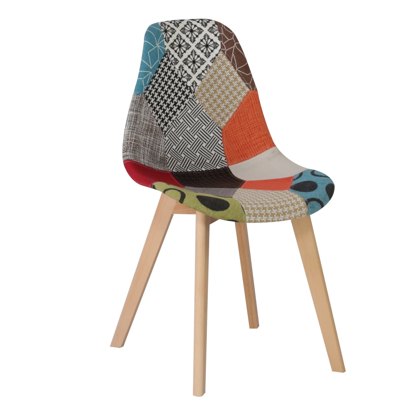 A Set of 4 Patchwork Fabric Dining Chairs with Wooden Legs Retro Style Side Lounge Chair Multicolor for Dining Room Kitchen Home