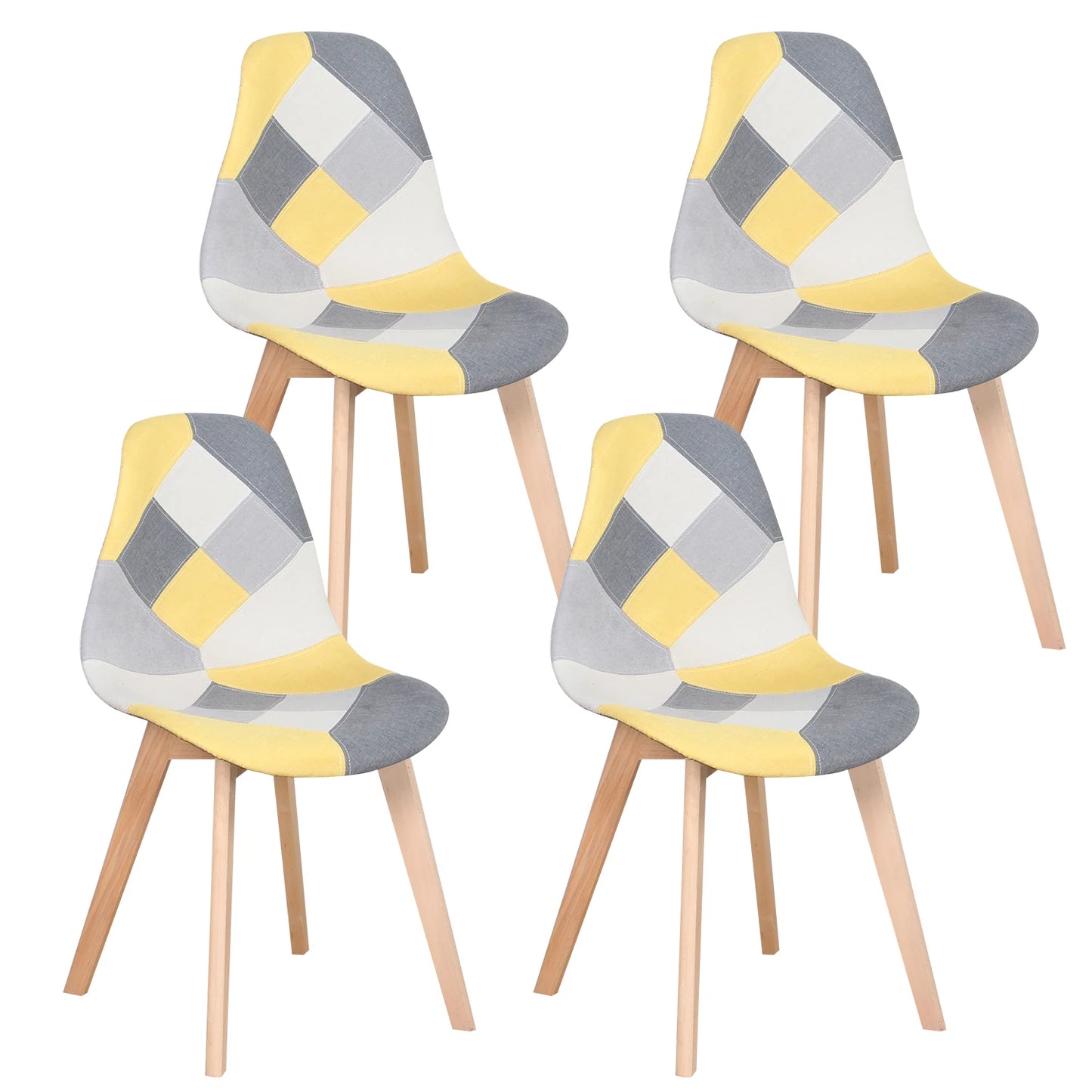 A Set of 4 Patchwork Fabric Dining Chairs with Wooden Legs Retro Style Side Lounge Chair Multicolor for Dining Room Kitchen Home