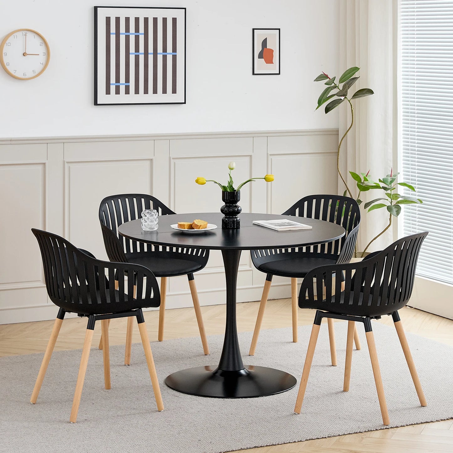 4 PCS Modern Dining Chairs Vertical Hollow Backrest Chairs