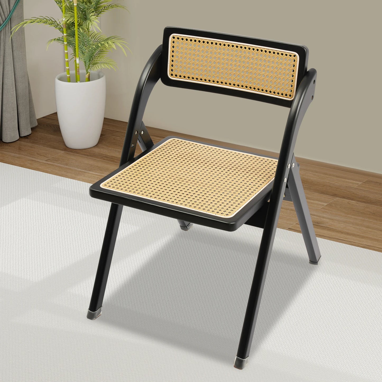 Rattan Foldable Chair Wooden Retro  Dining Chair for Living