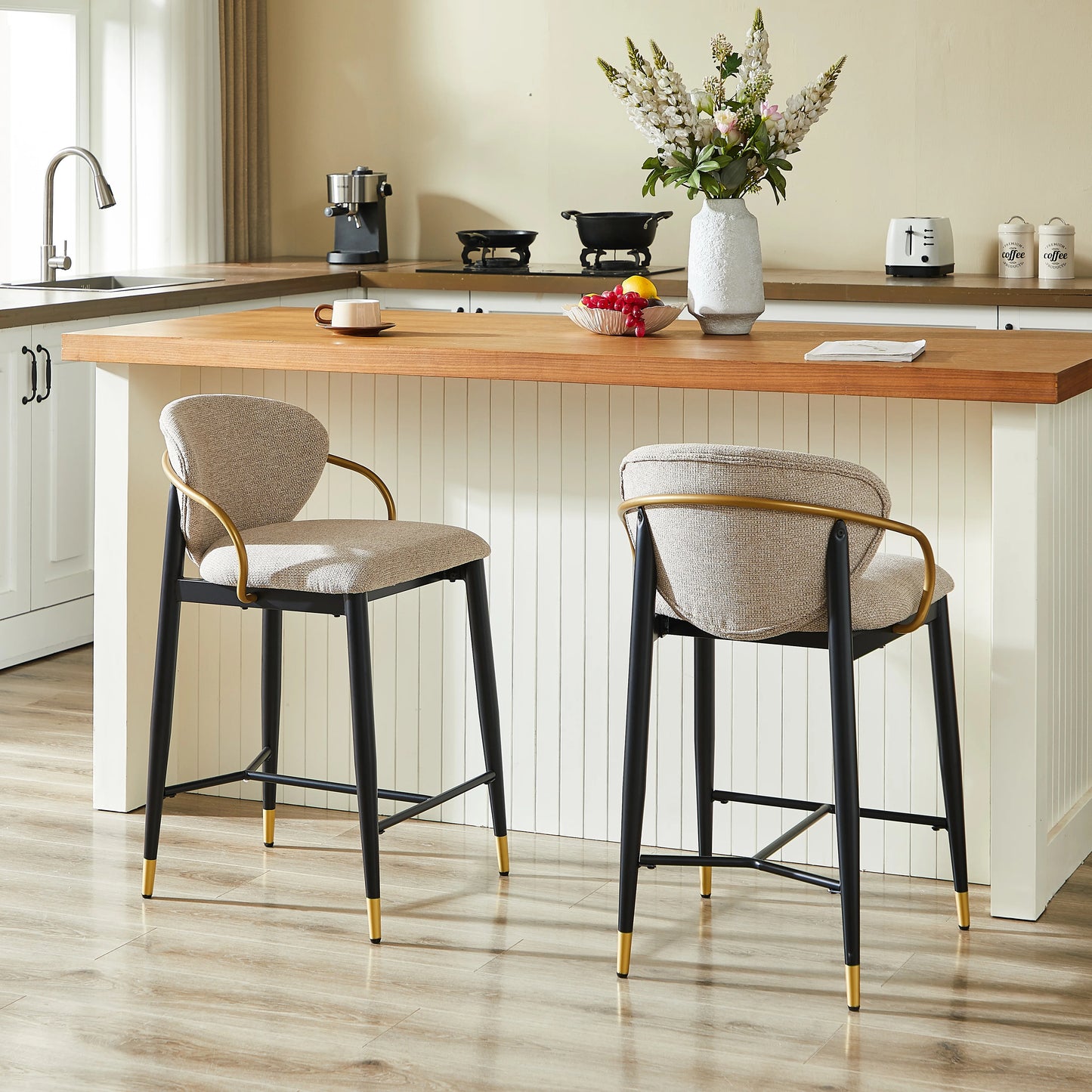2 Set Adjustable Height Bar Stool, Black-Gold Chenille