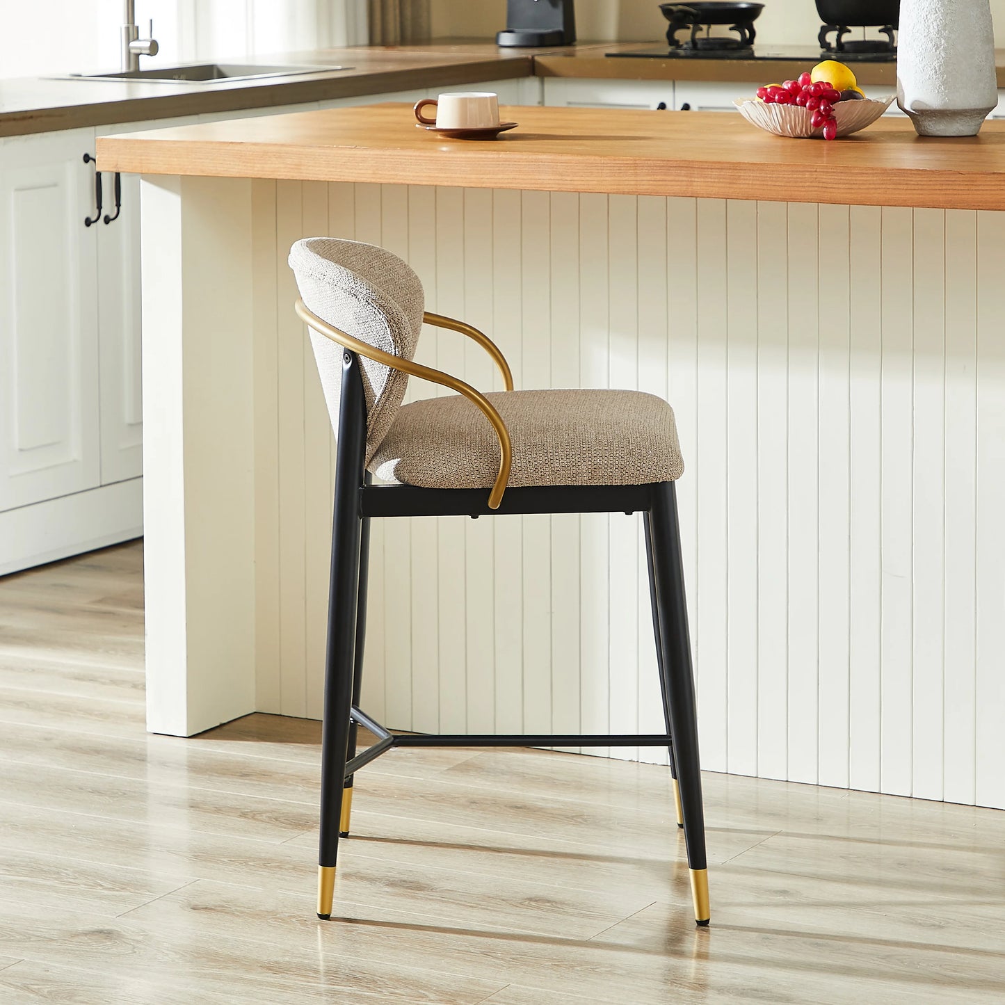 2 Set Adjustable Height Bar Stool, Black-Gold Chenille