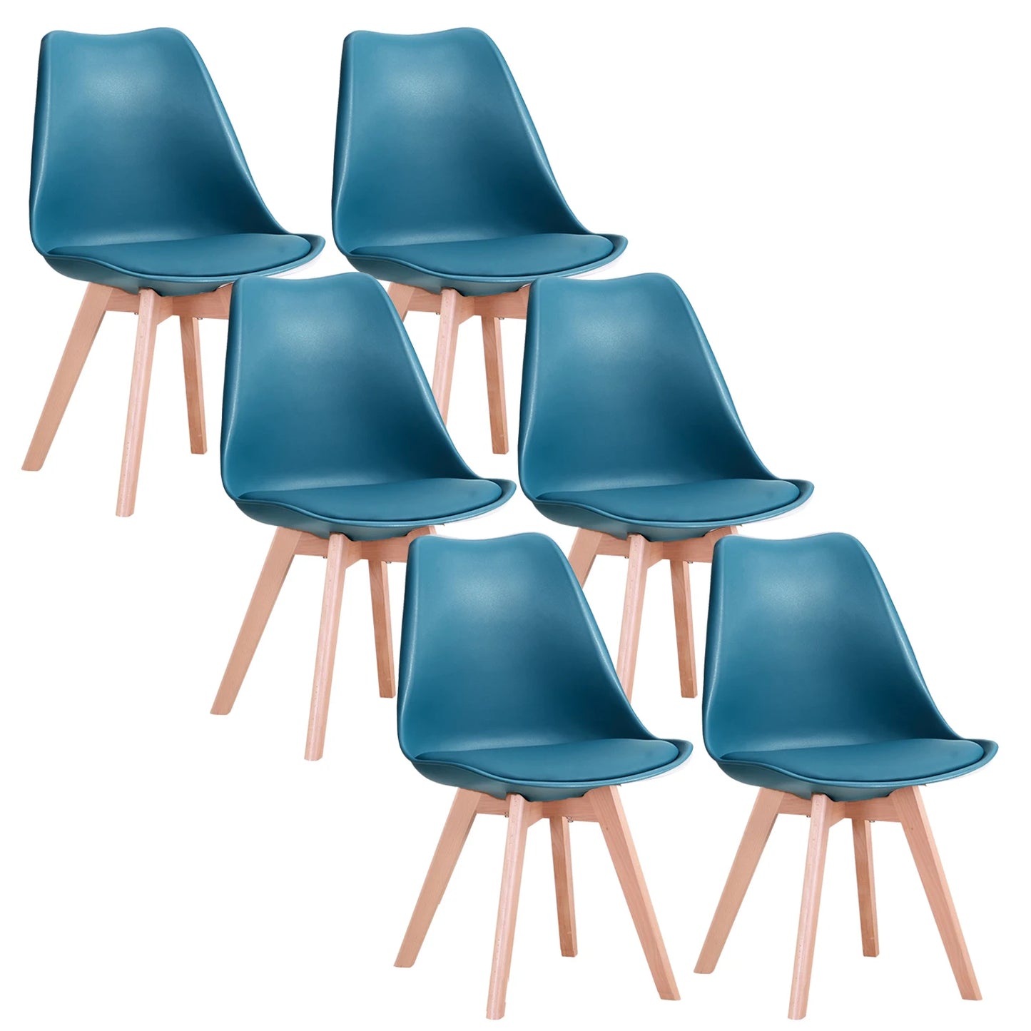 A Set of 6 Modern Minimalist Dining Chair PU Padded Seat Beech Wood Legs