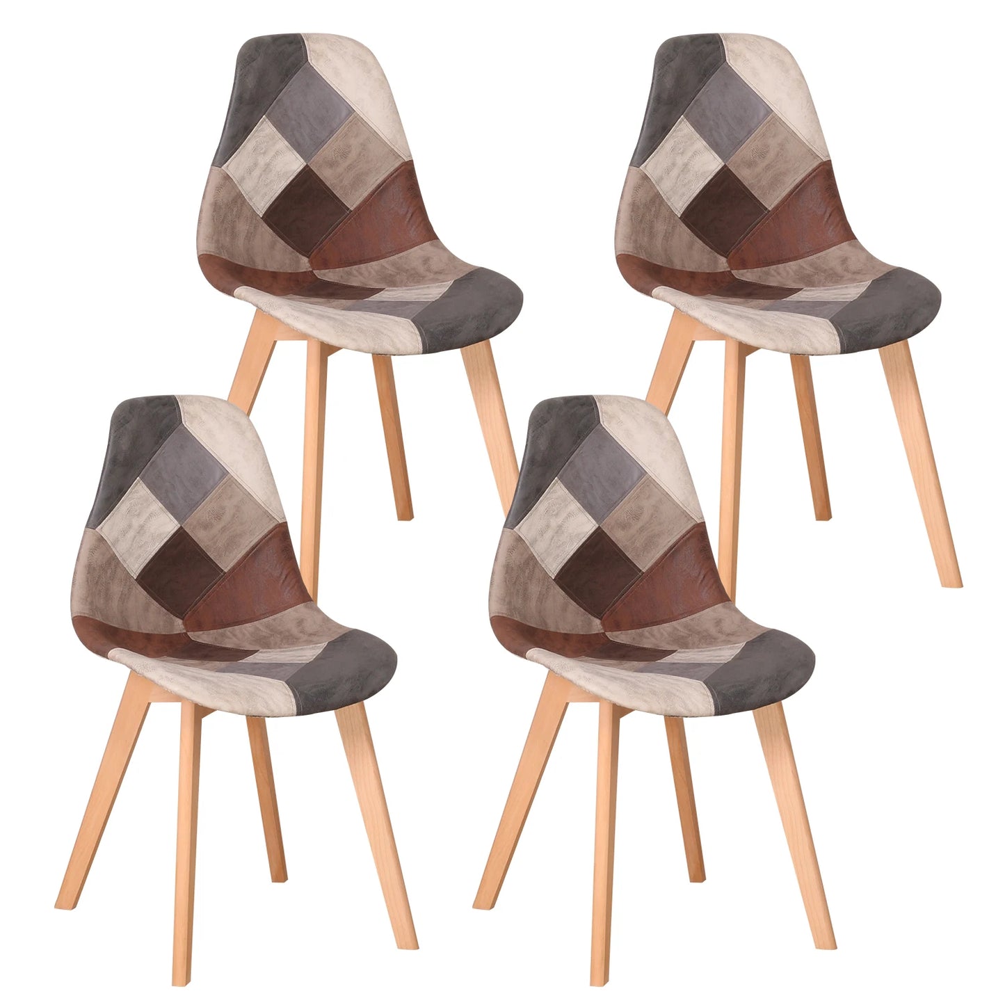 A Set of 4 Patchwork Fabric Dining Chairs with Wooden Legs Retro Style Side Lounge Chair Multicolor for Dining Room Kitchen Home