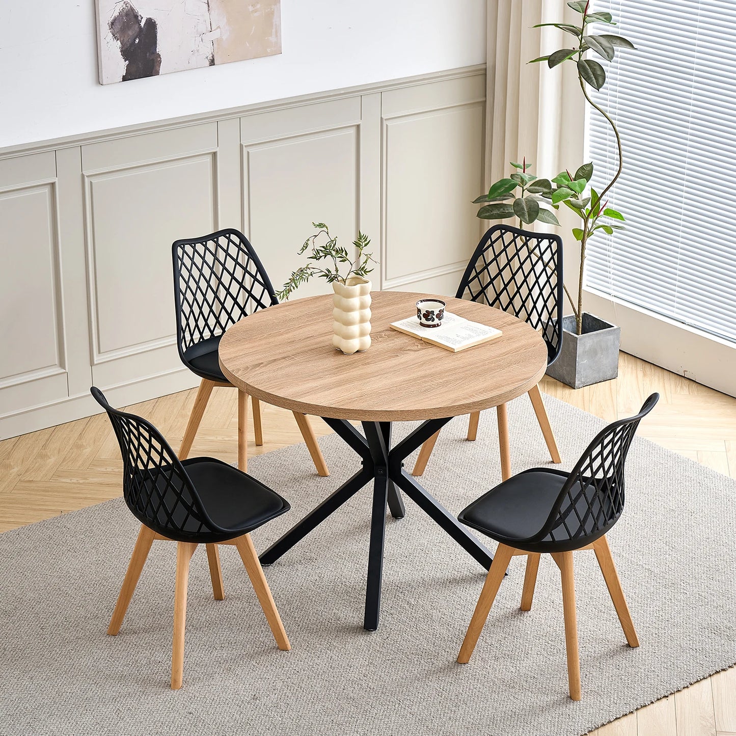 Set of 4 / 6 Nordic Style Dining Chairs, Mesh Back, Solid Wood Legs