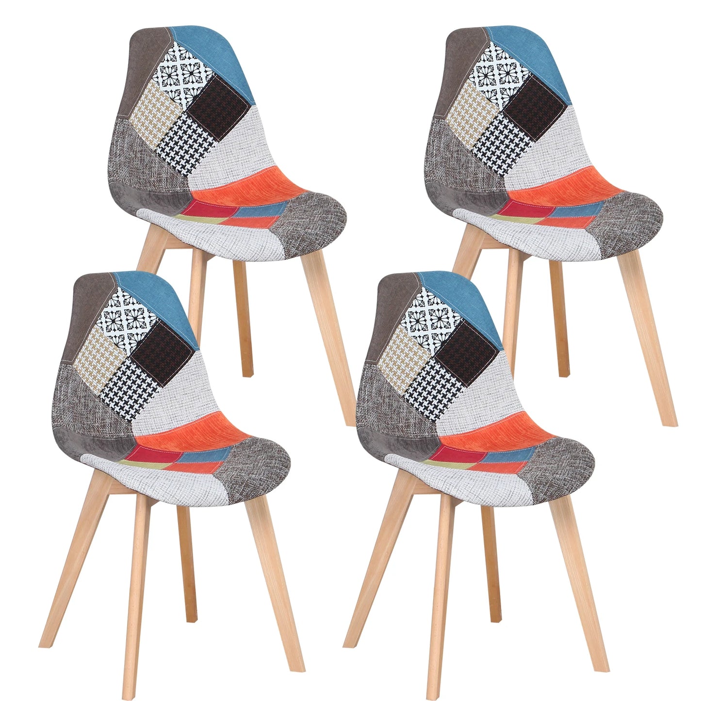 A Set of 4 Patchwork Fabric Dining Chairs with Wooden Legs Retro Style Side Lounge Chair Multicolor for Dining Room Kitchen Home
