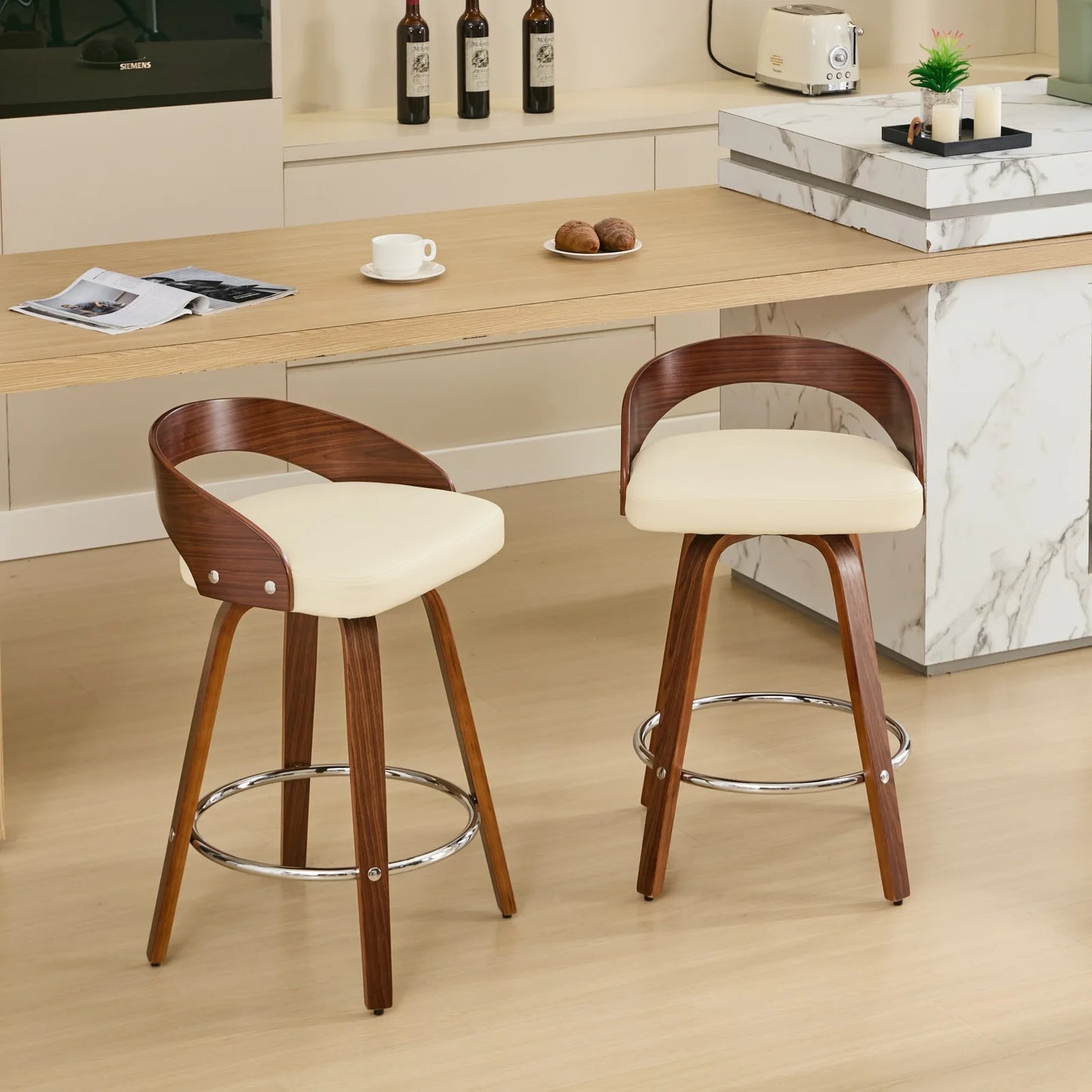 2PCS Swivel Bar Height Stools with Low Back Wood