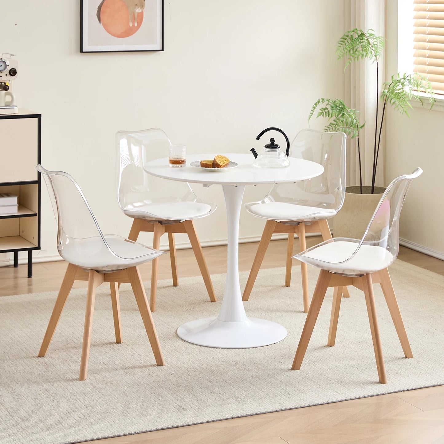 A Set of 4/6 Transparent Upholstered Dining Chairs Acrylic Chairs w/ PU Cushion Beech Legs for Kitchen Dining Room Living Room