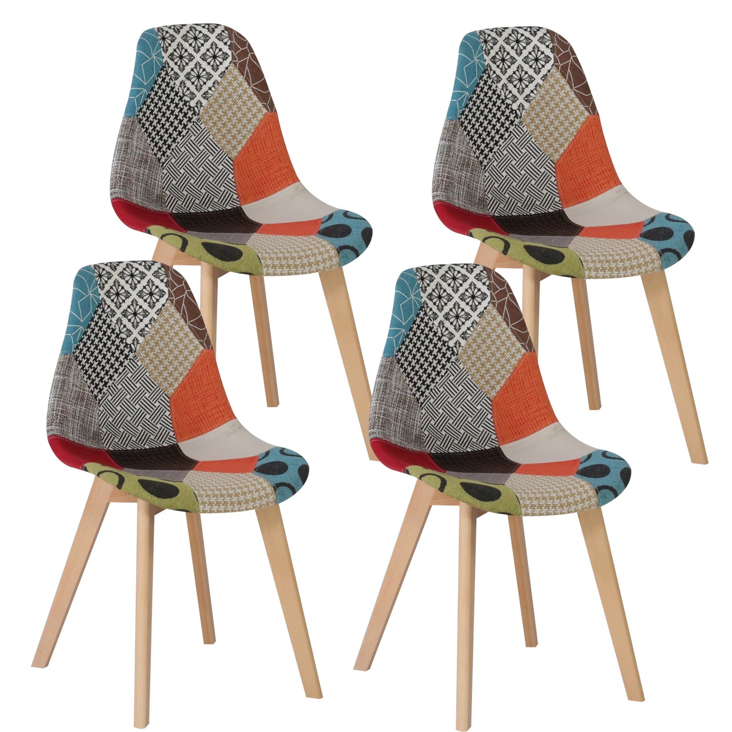 A Set of 4 Patchwork Fabric Dining Chairs with Wooden Legs Retro Style Side Lounge Chair Multicolor for Dining Room Kitchen Home