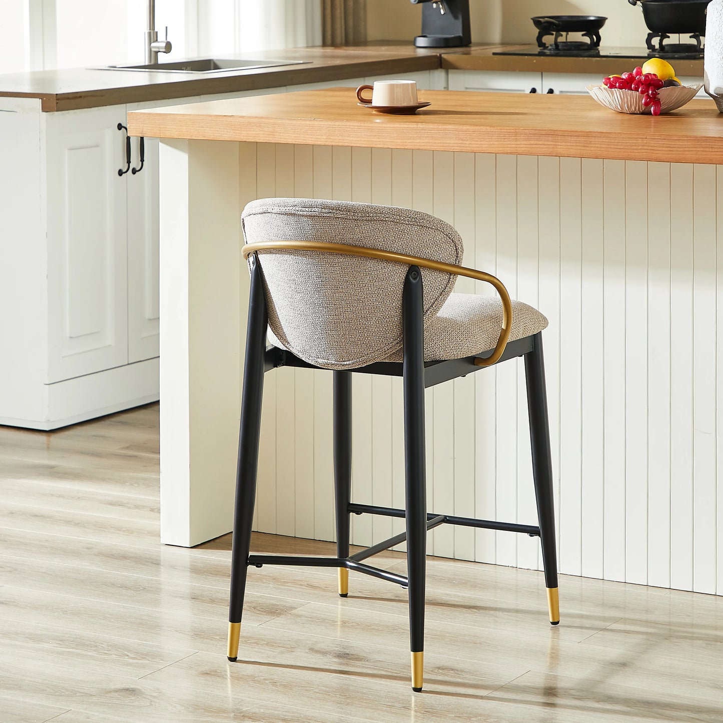 2 Set Adjustable Height Bar Stool, Black-Gold Chenille