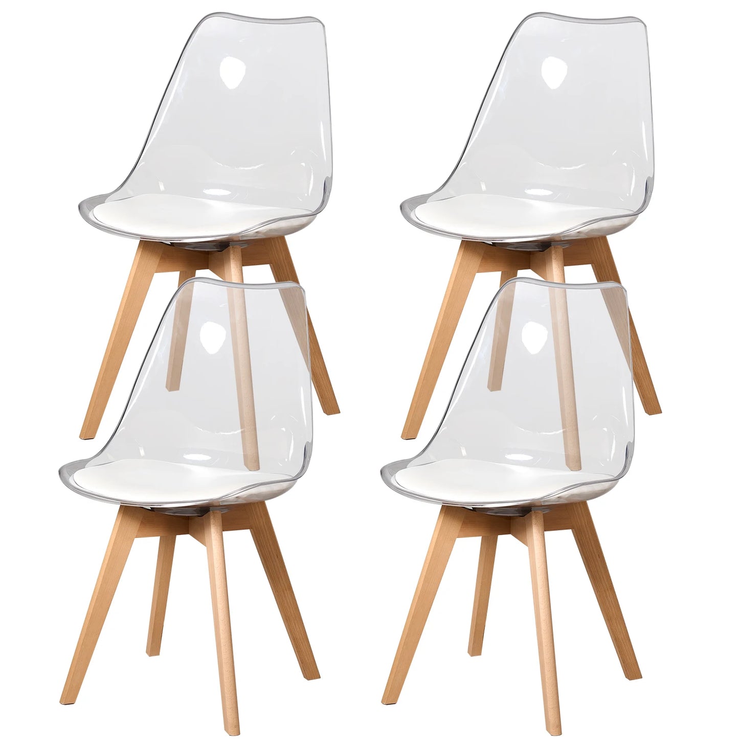 A Set of 4/6 Transparent Upholstered Dining Chairs Acrylic Chairs w/ PU Cushion Beech Legs for Kitchen Dining Room Living Room