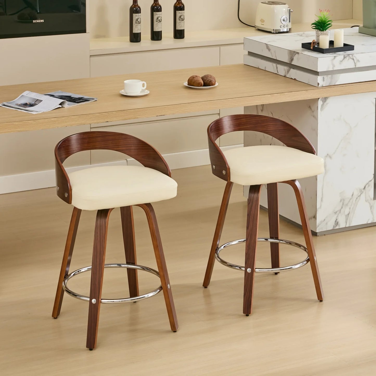 2PCS Swivel Bar Height Stools with Low Back Wood