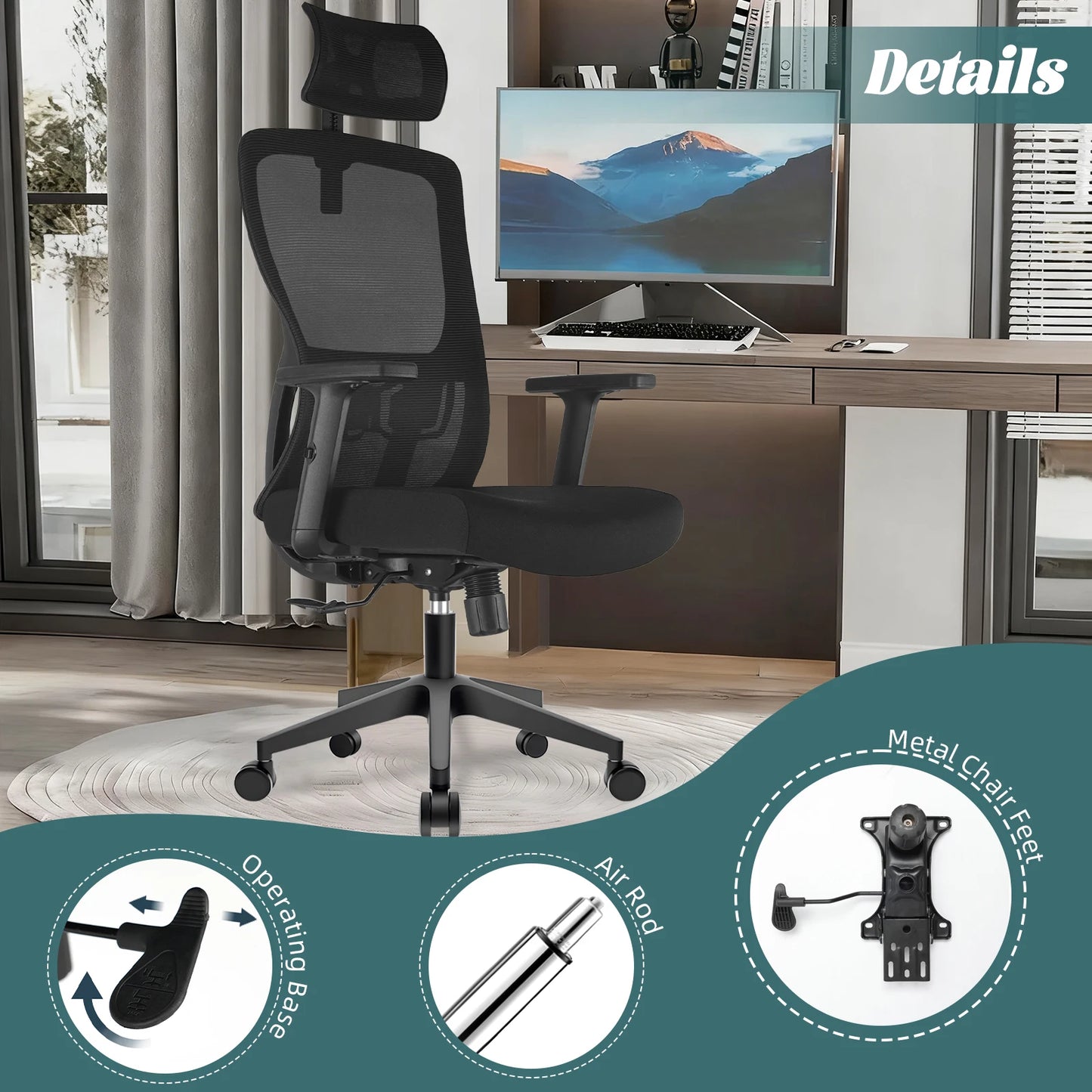 Durrafy Ergonomic Office Chair, Desk Chair With Adjustable Headrest