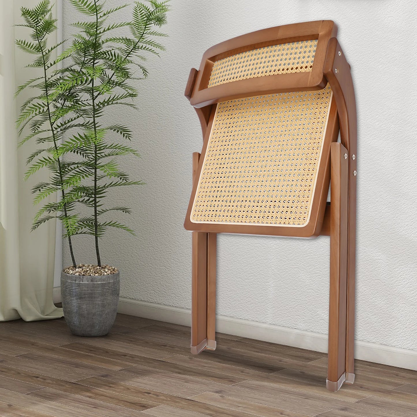 Rattan Foldable Chair Wooden Retro  Dining Chair for Living