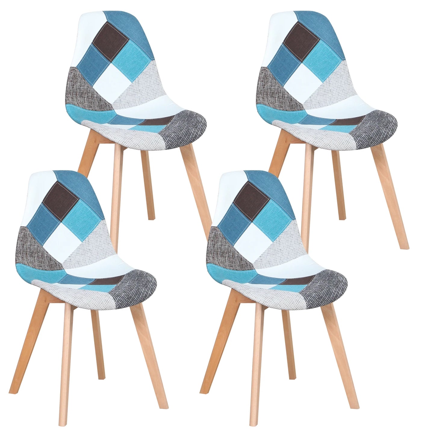 A Set of 4 Patchwork Fabric Dining Chairs with Wooden Legs Retro Style Side Lounge Chair Multicolor for Dining Room Kitchen Home