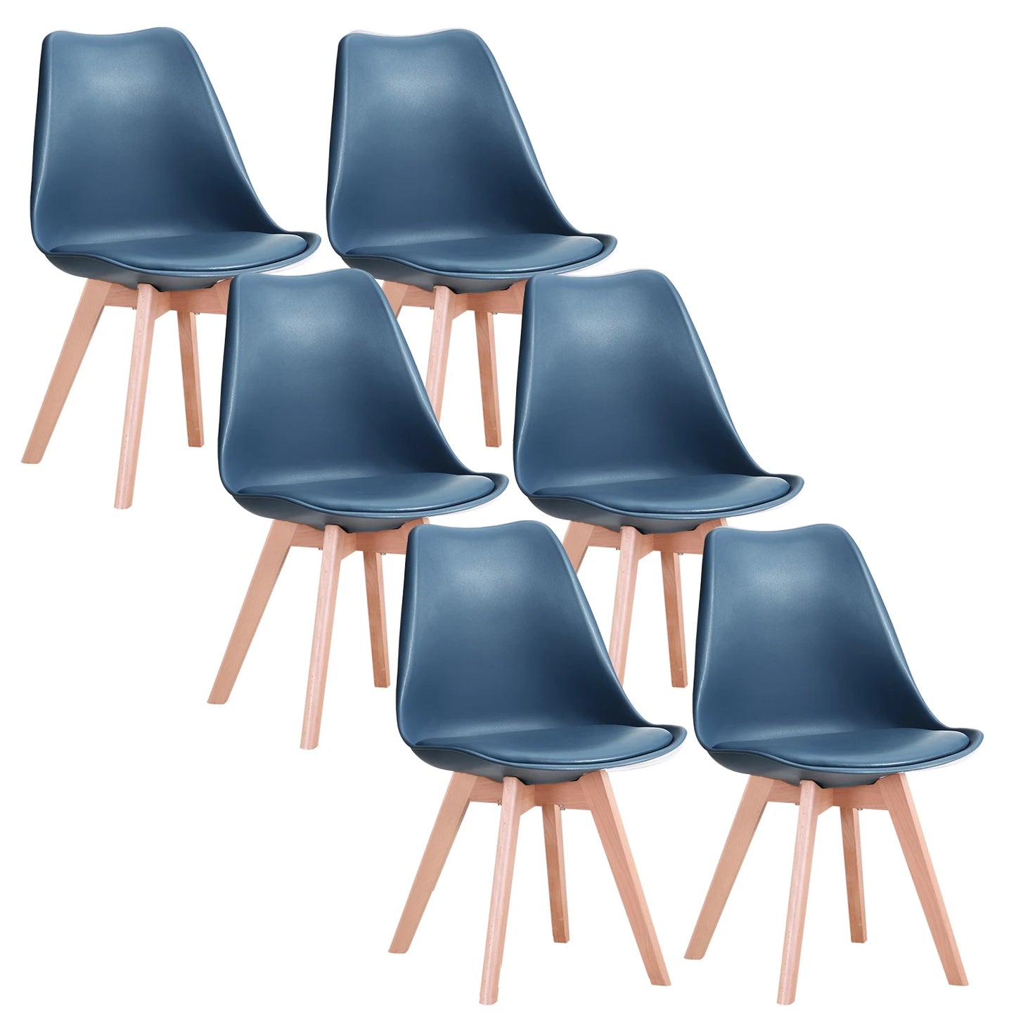 A Set of 6 Modern Minimalist Dining Chair PU Padded Seat Beech Wood Legs