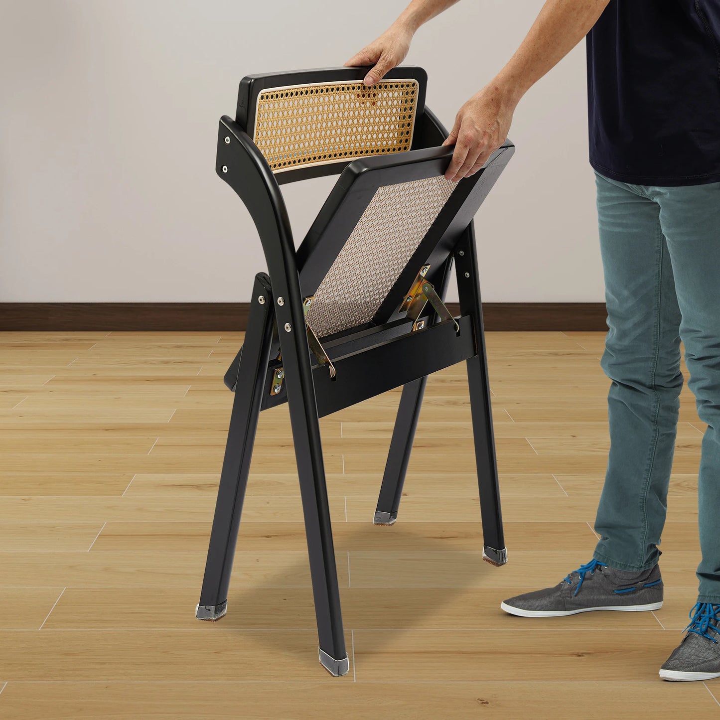 Rattan Foldable Chair Wooden Retro  Dining Chair for Living